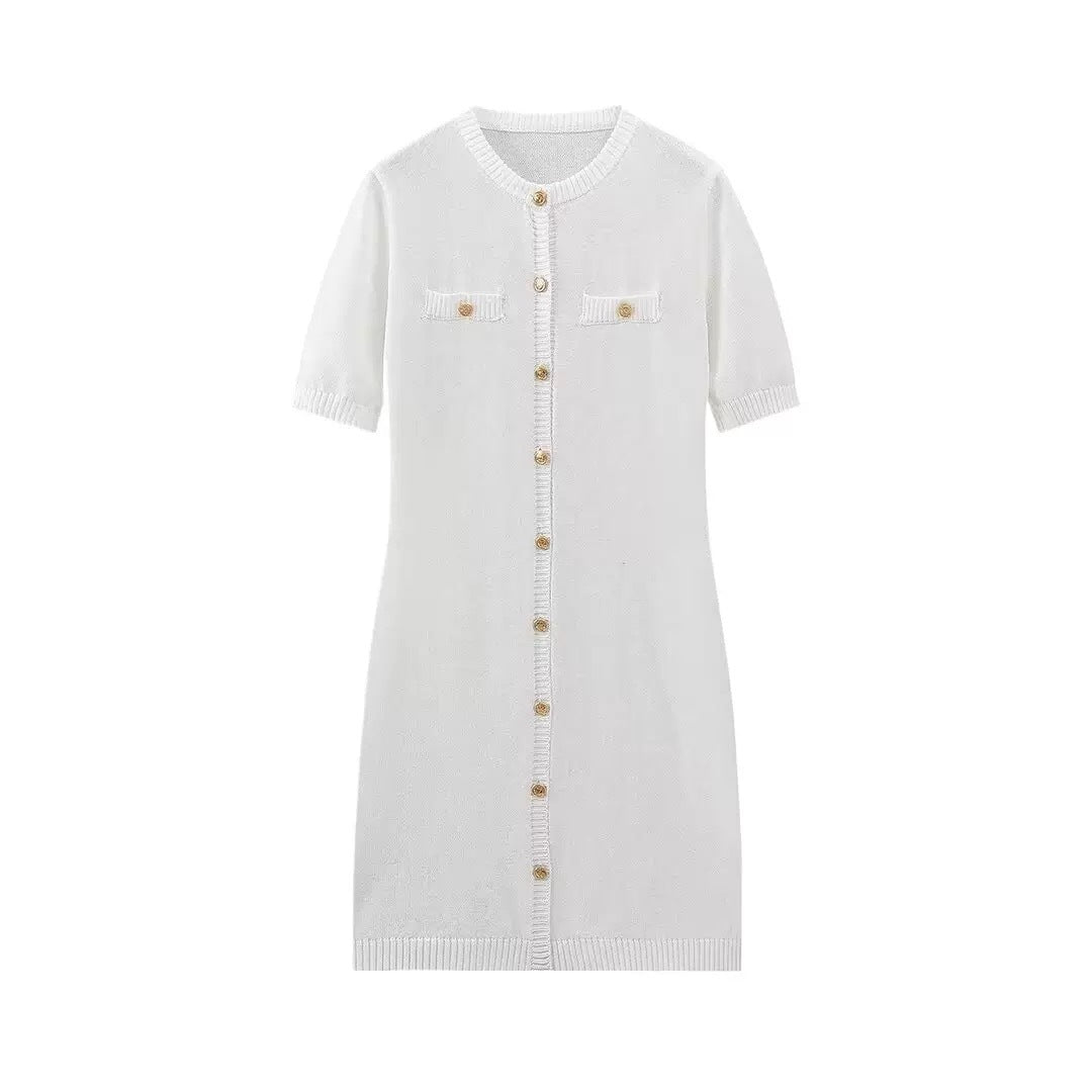 Chic Knit Dress for Women with Metal Buckle, Slim Fit Short Sleeve Waist-Cinching Summer Dress