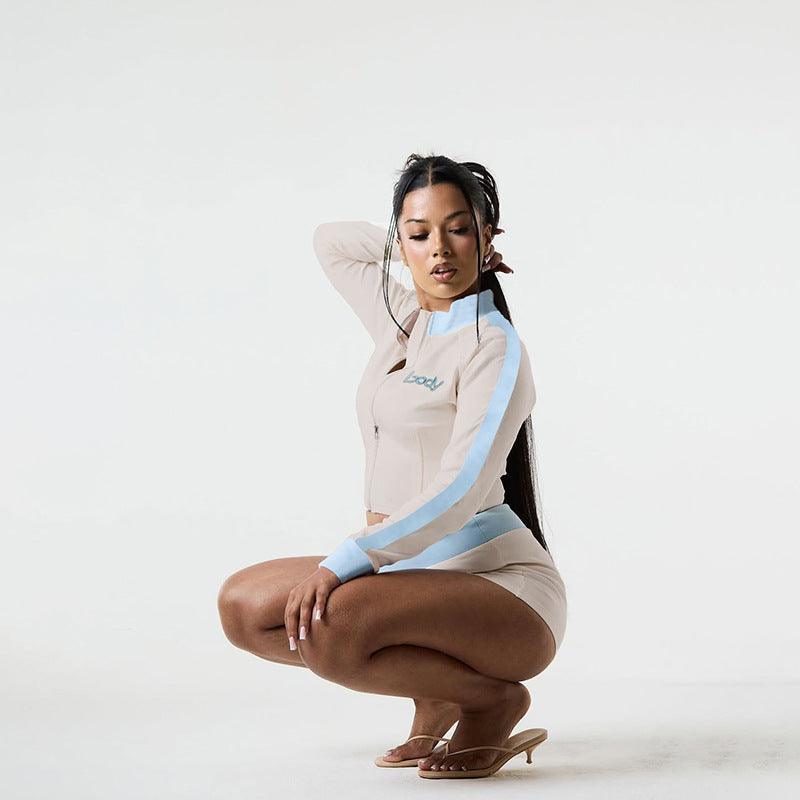 Fashionable Stand Collar  Letter Embroidery Zipper Tracksuit Shorts Set for Women