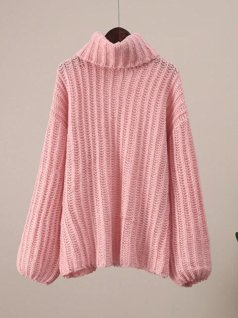 High Neck Crochet Knitted Pullover Women Thicken Solid Jumper Sweaters