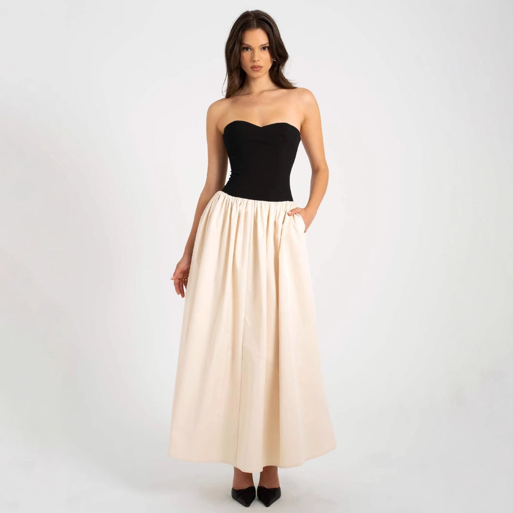 Fashion contrasting strapless sleeveless dress for women