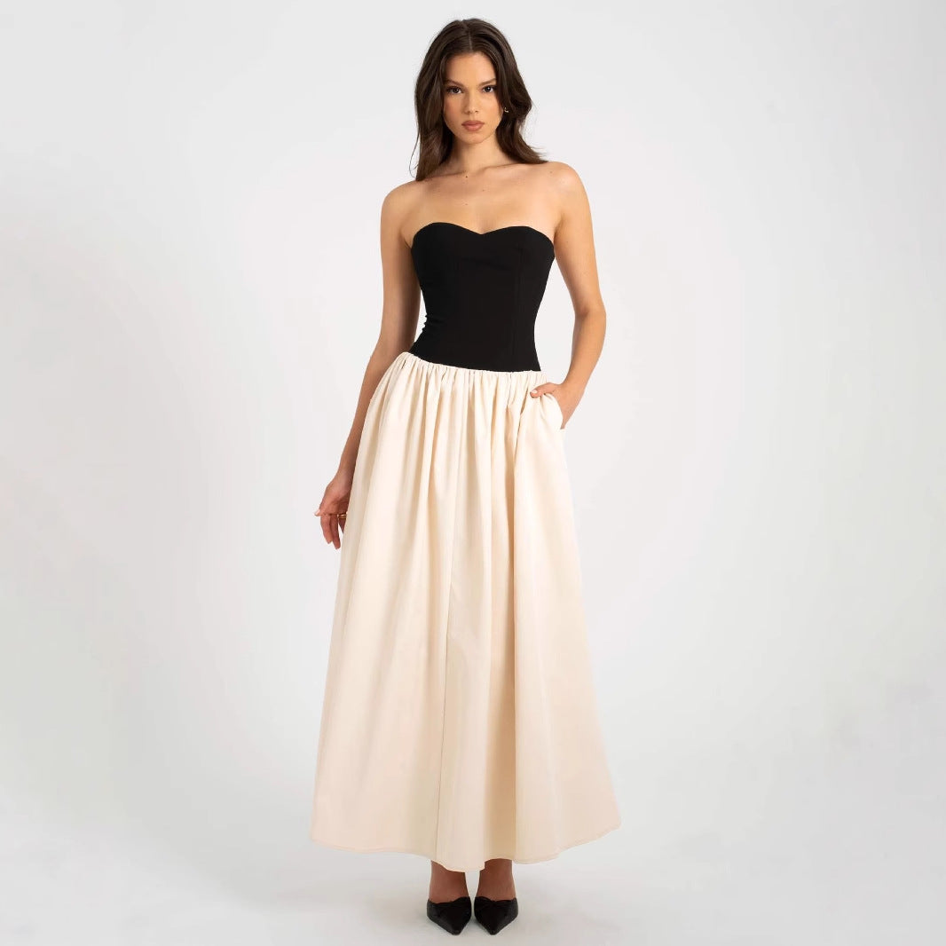 Fashion contrasting strapless sleeveless dress for women