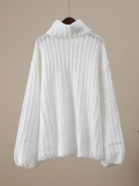 High Neck Crochet Knitted Pullover Women Thicken Solid Jumper Sweaters