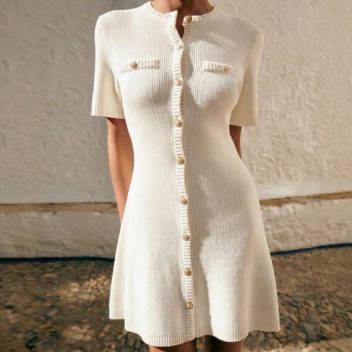 Chic Knit Dress for Women with Metal Buckle, Slim Fit Short Sleeve Waist-Cinching Summer Dress