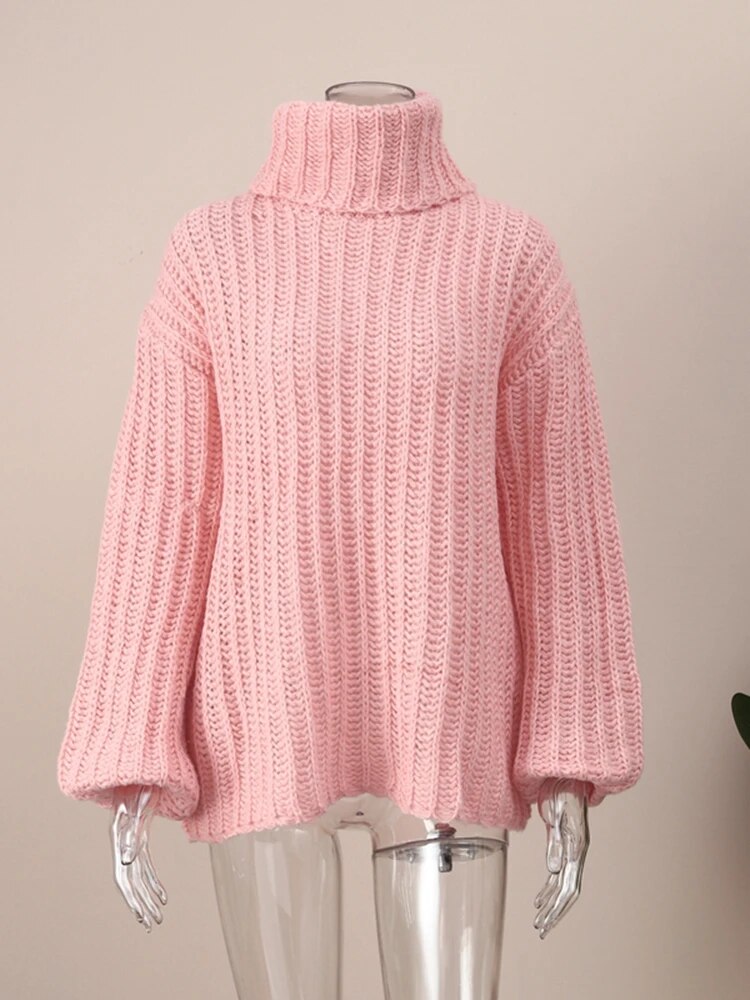 High Neck Crochet Knitted Pullover Women Thicken Solid Jumper Sweaters