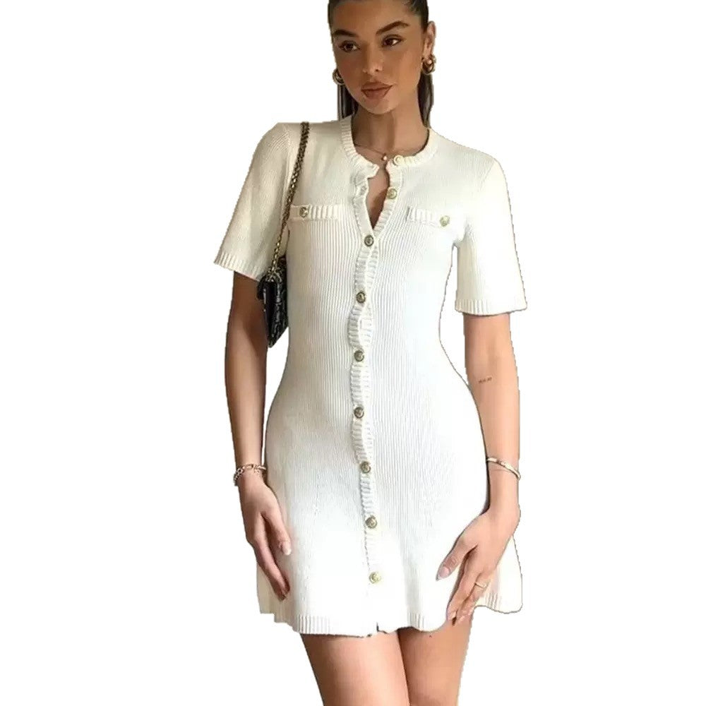 Chic Knit Dress for Women with Metal Buckle, Slim Fit Short Sleeve Waist-Cinching Summer Dress