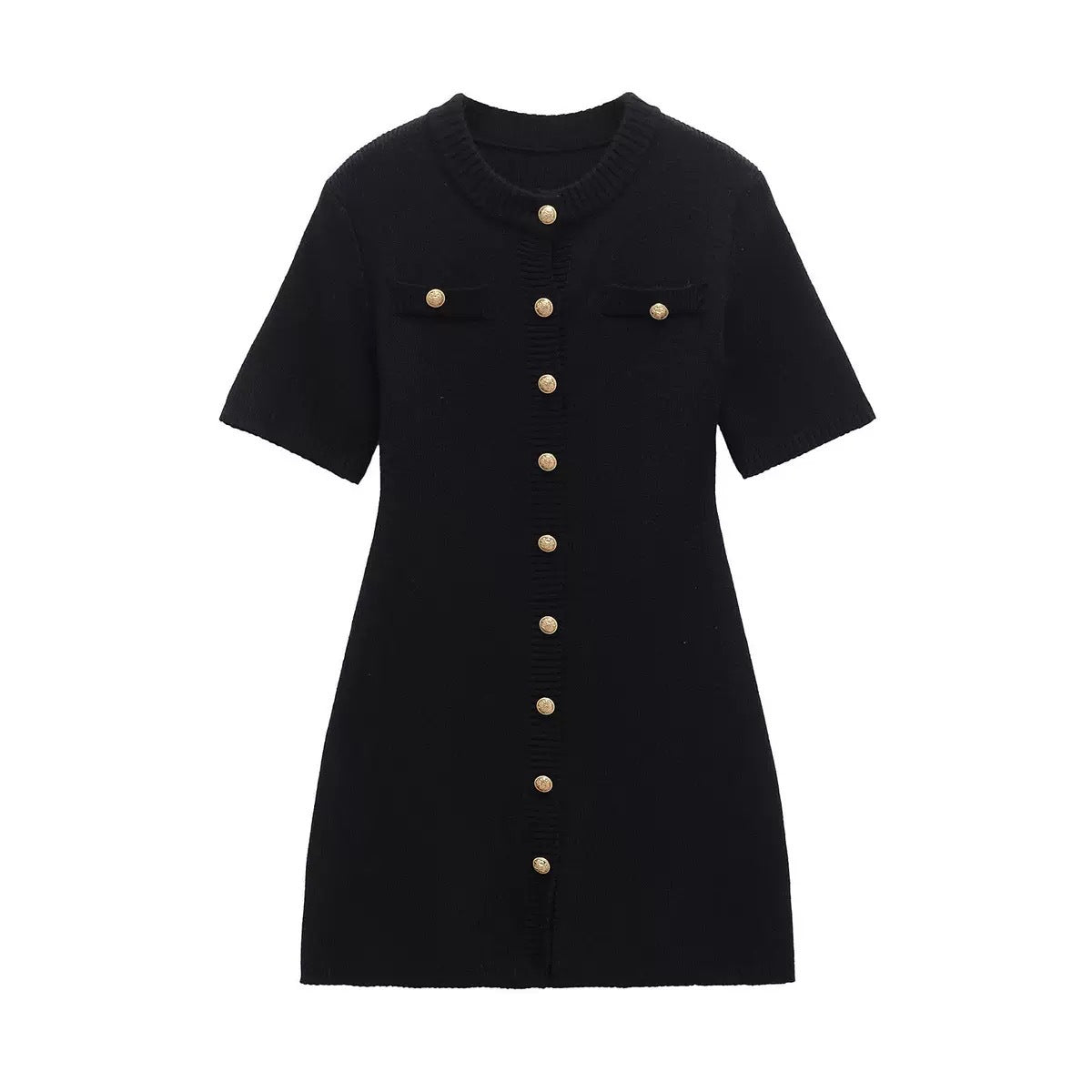 Chic Knit Dress for Women with Metal Buckle, Slim Fit Short Sleeve Waist-Cinching Summer Dress