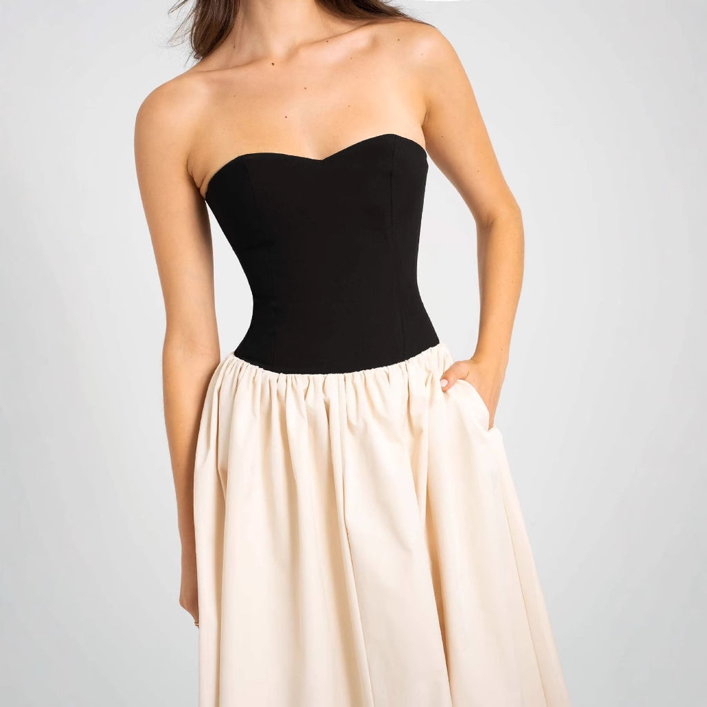 Fashion contrasting strapless sleeveless dress for women