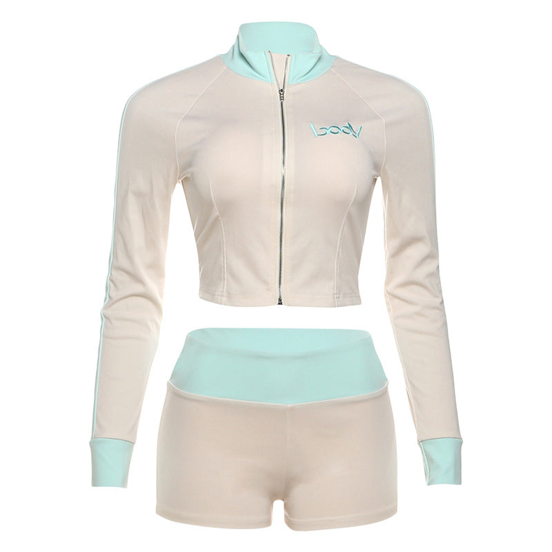 Fashionable Stand Collar  Letter Embroidery Zipper Tracksuit Shorts Set for Women