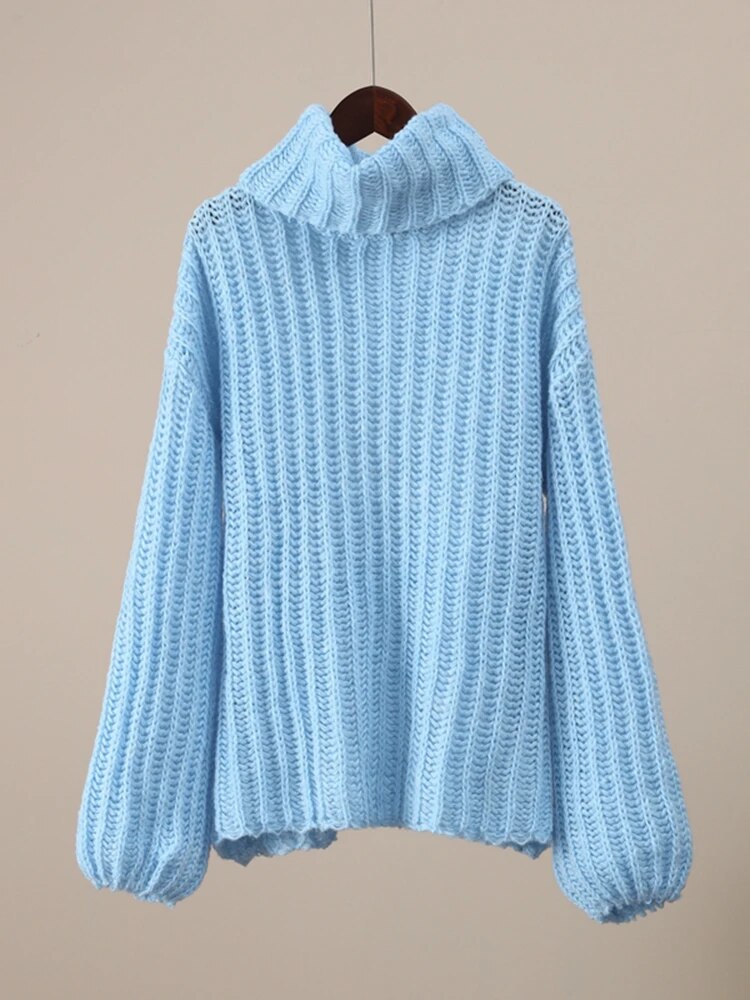High Neck Crochet Knitted Pullover Women Thicken Solid Jumper Sweaters